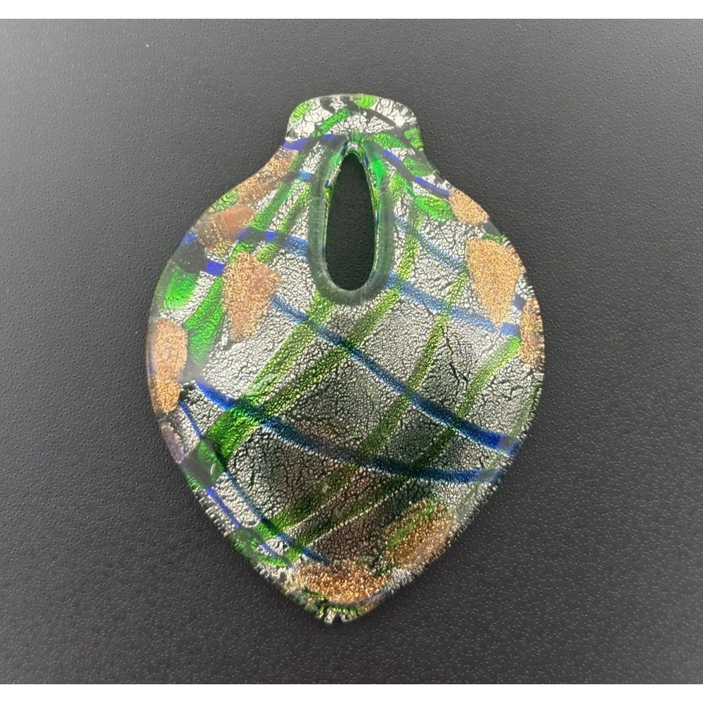 Vintage Art Glass Pendant with Blue, Green, Silver, Gold - ~2" - CottageCore